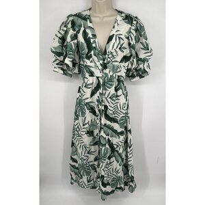 Johanna Ortiz x H&M Linen Blend Midi in Green Palm Leaf Dress Size XS Boho
